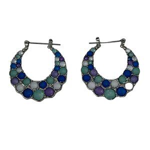 Hoop Earrings Silvertone Purple Blue White‎ Faceted Bubble Hinged Back